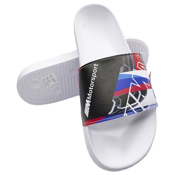 NWT PUMA BMW MMS GRAPHIC LEADCAT MEN\'S WHITE SLIP ON SLIDES SANDALS SIZE 7